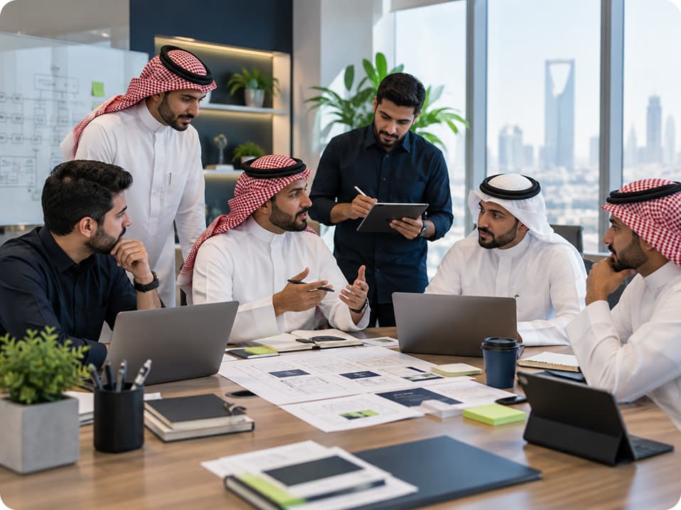 فريق رصن يراجع خطة مشروع حول طاولة العمل